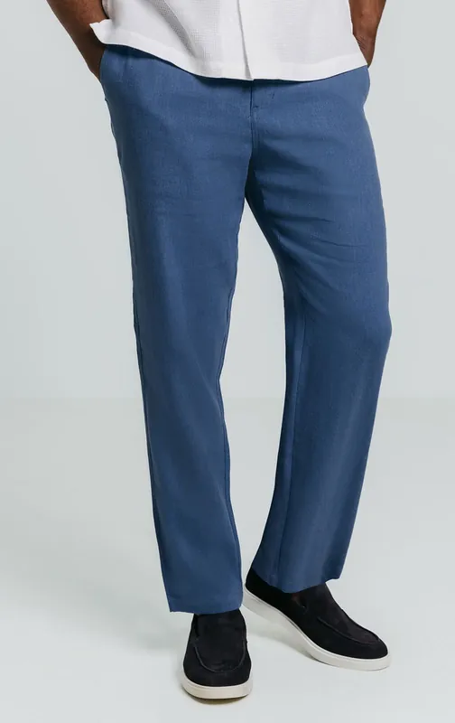 Blue Herringbone Linen Trousers - Dobell
