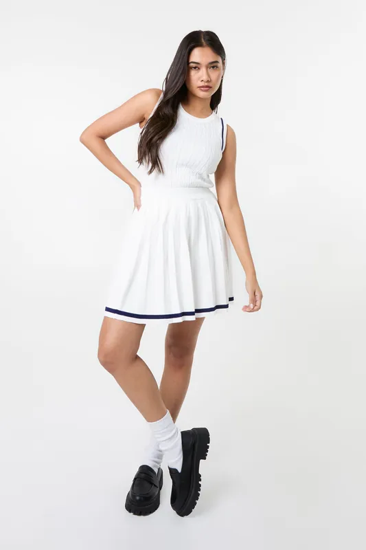 White Pleated Mini Skirt With Contrast Binding - Pink Vanilla