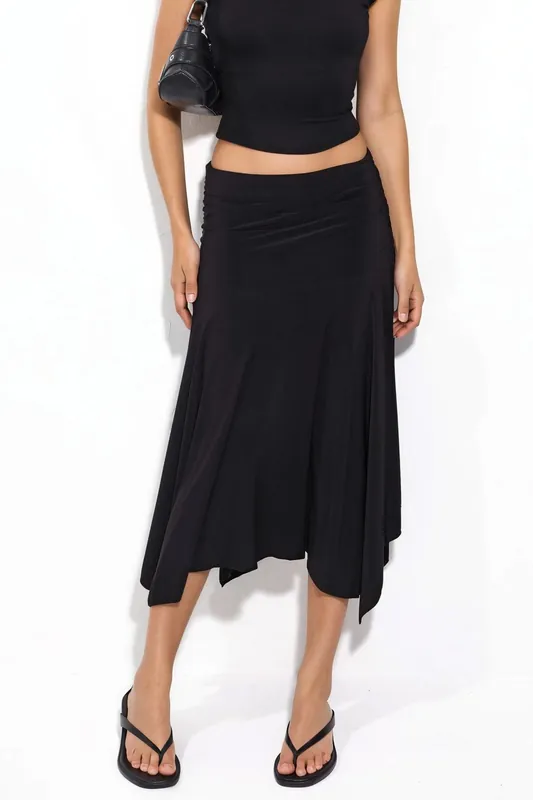 Asymmetrical Midi Skirt with Drape Detail - Busem