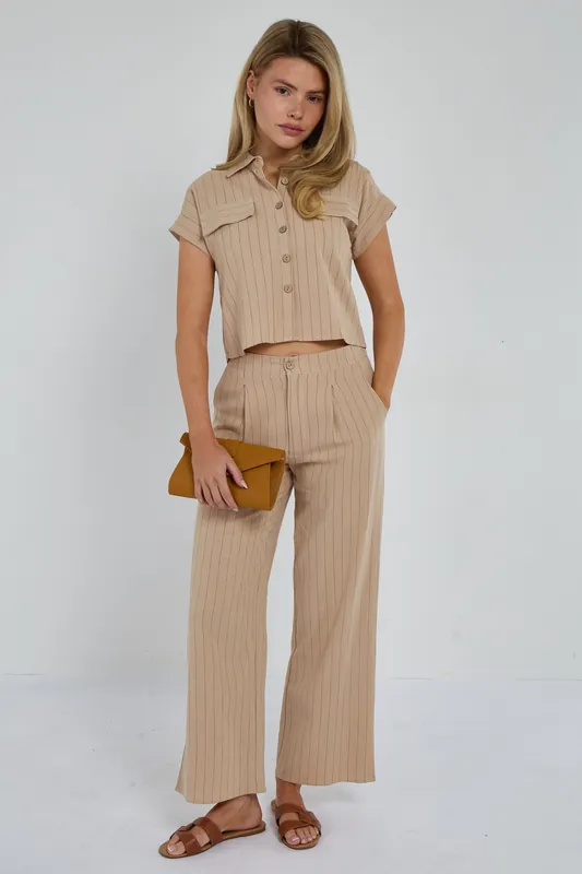 Beige Pinstripe Linen Shirt and Trousers set - Love Sunshine