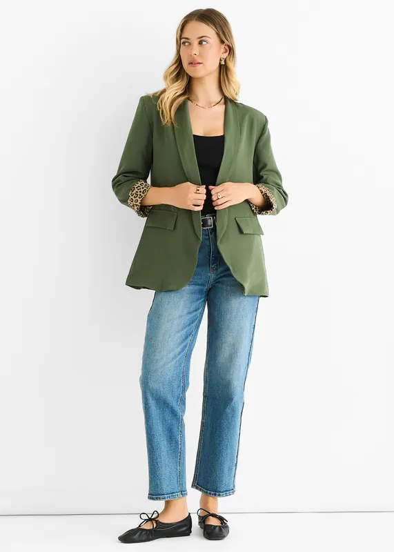 Khaki Contrast Animal Edge to Edge Blazer - Gini London