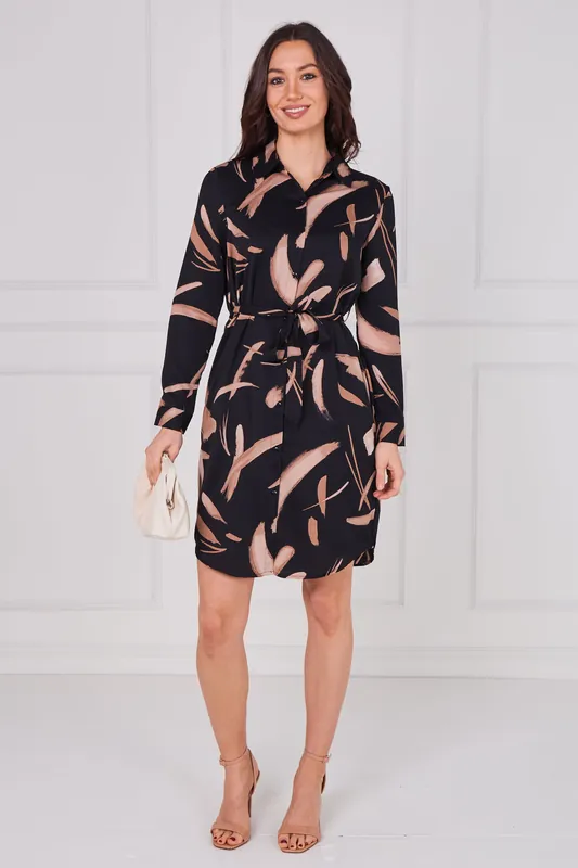 Black and Caramel Painterly Print Belted Shirt Dress - Love Sunshine