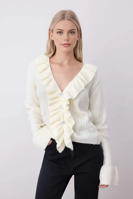 V-Neck Knit Cardigan Ruffle & Button Detail