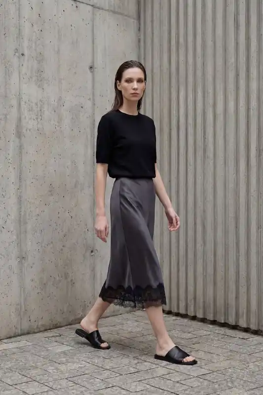 Lace Detailed Satin Midi Skirt - MyFashion