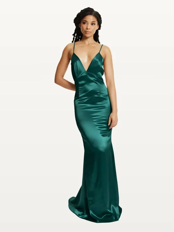 Green Satin Plunge Maxi Dress - Liquorish
