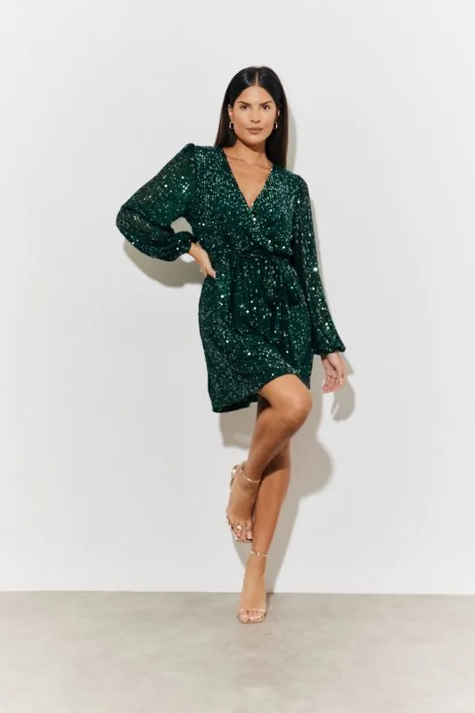 Green Sequin Balloon Sleeve Skater Mini Dress - In The Style