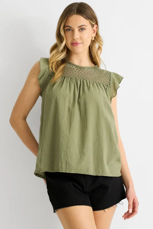 Khaki Crochet Panel Viscose Loose Fit Top - Gini London