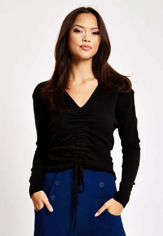 V-Neck Top with Ruching Detail in Black