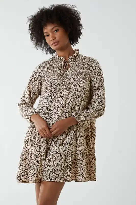 Shirred Cheetah Smock Dress - Blue Vanilla