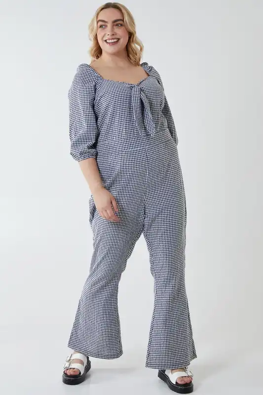 Curve Milkmaid Gingham Jumpsuit - Blue Vanilla