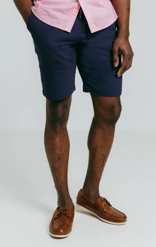Navy Linen Twill Casual Shorts - Dobell