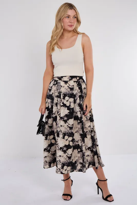 Black Floral Print Pleated Midi Skirt - Love Sunshine