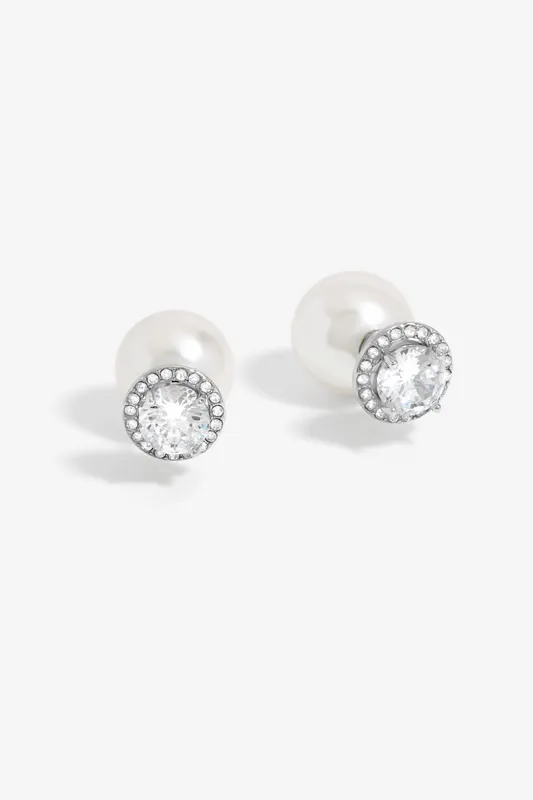 Rhodium Plated Pearl And Cubic Zirconia Front And Back Earrings - Jon Richard