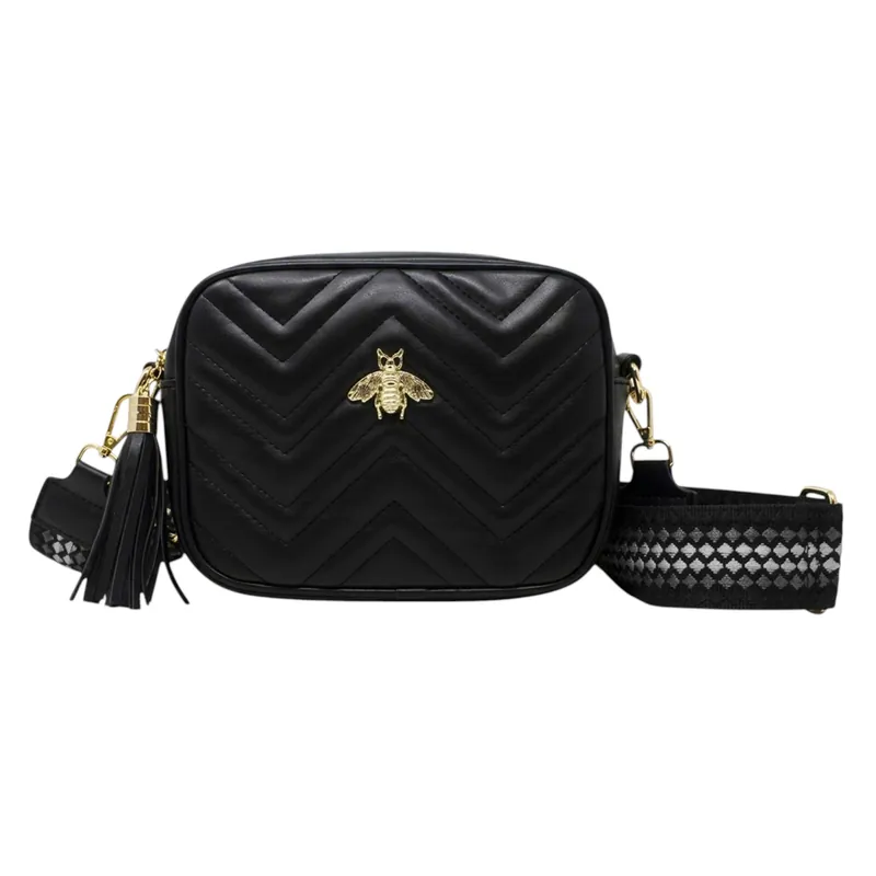 Bee Embellishment Quilted Chevron Crossbody Camera Bag - Kitise