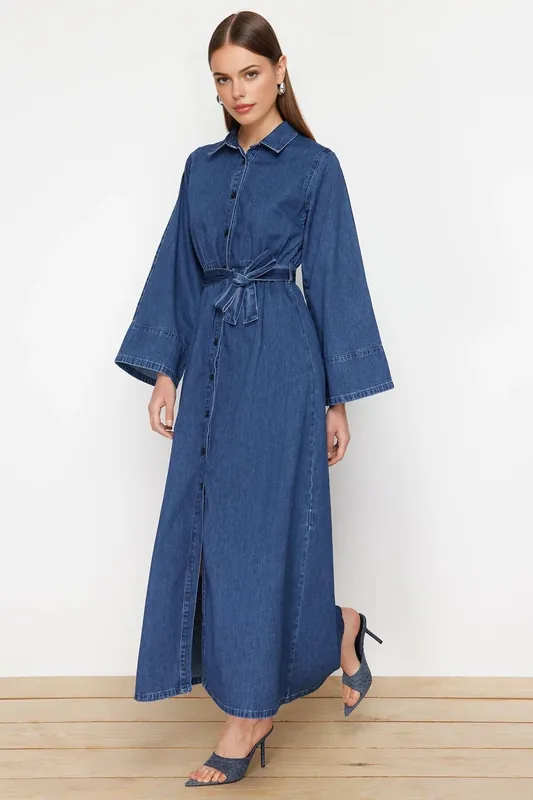 Belted Button Front Denim Maxi Shirt Dress - WOVCOR