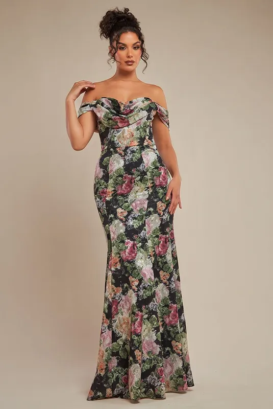 Cowl Neck Floral Print Jacquard Chiffon Maxi Dress - Goddiva