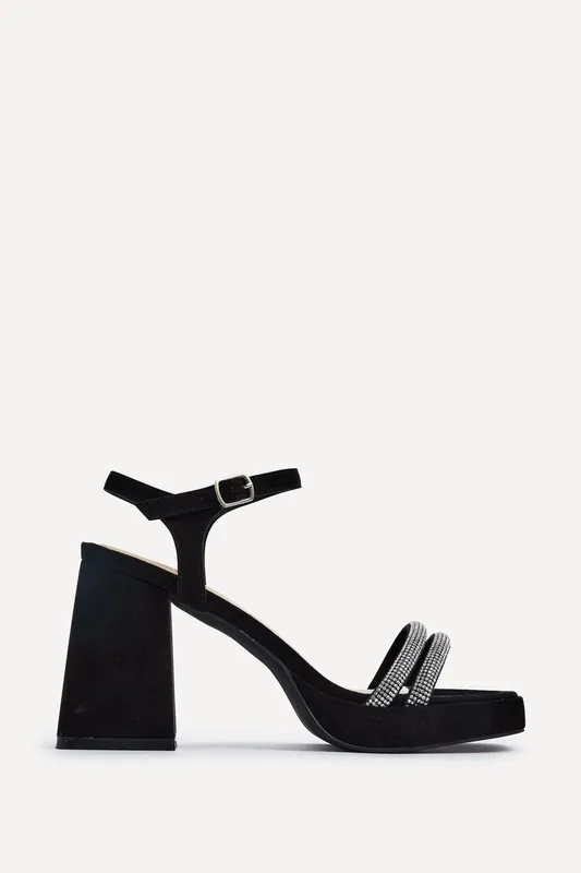 Xandra Black Faux Suede Diamante Platform Heels - Linzi