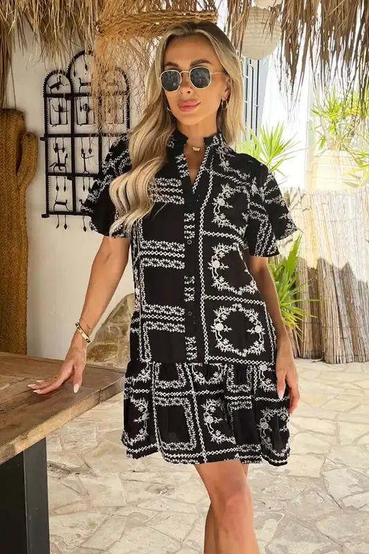Black Embroidered Pattern Button Front Frill Hem Mini Dress - AX Paris