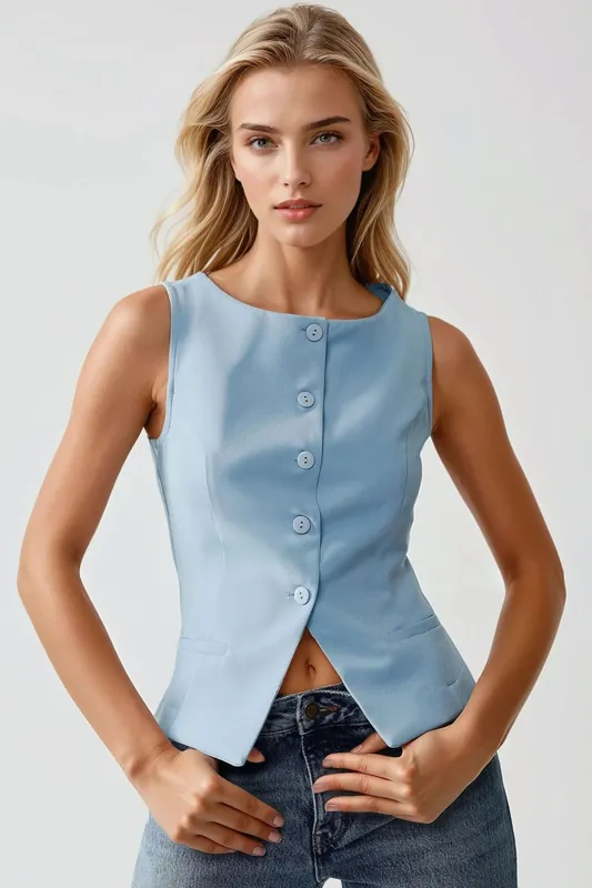 Fitted Crew Neck Sleeveless Waistcoat with Button Detail - Hiccup