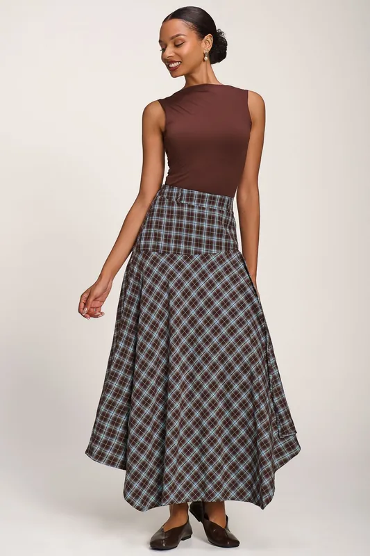 Plaid Asymmetric Maxi Skirt - Jolie Moi