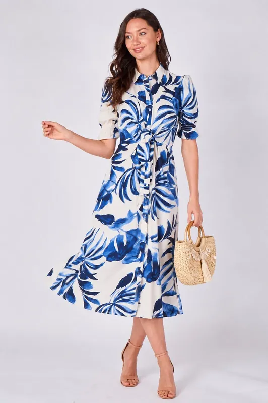 Blue Tropical Leaf Print Tie Waist Midi Dress - Love Sunshine