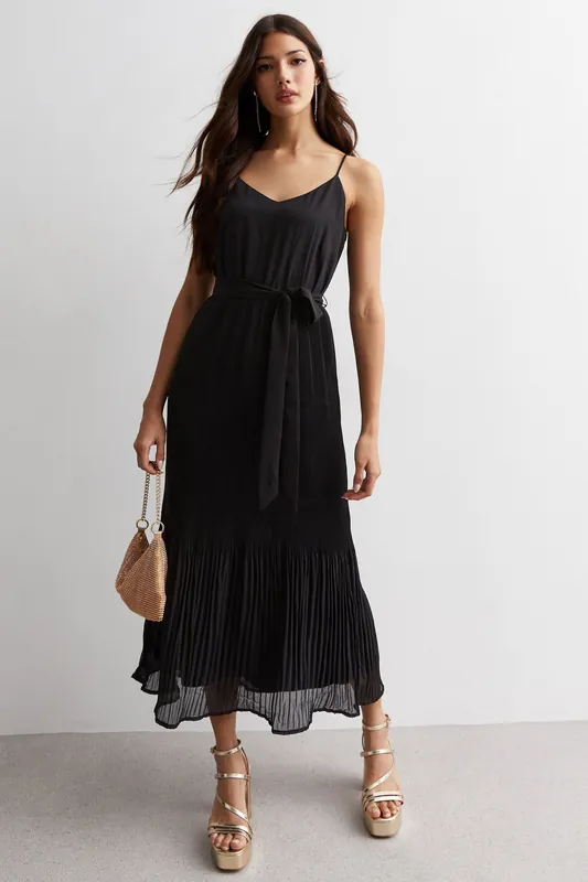 Black Cami Top Pleated Midi Dress - Gini London