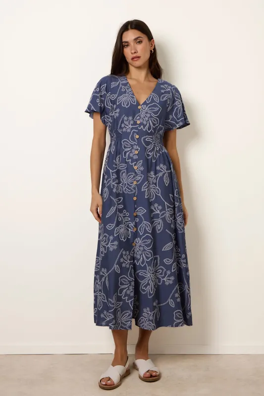 Blue Button Front Midi Dress - Blue Vanilla