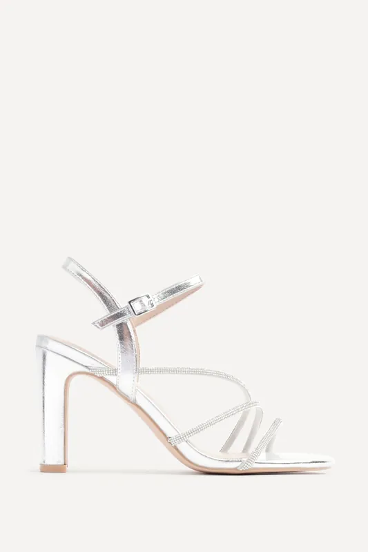 Matilda Silver Faux Leather Diamante Block Heel - Linzi