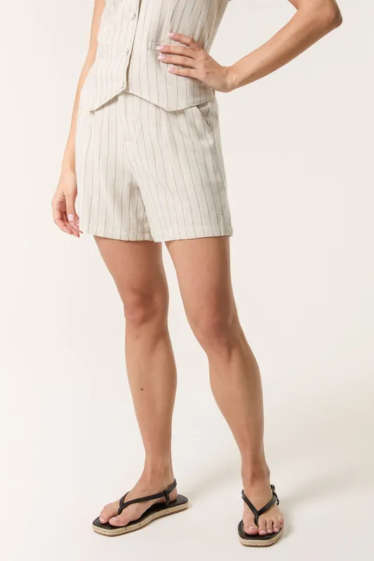 Off White Linen Pinstripe Shorts - Blue Vanilla
