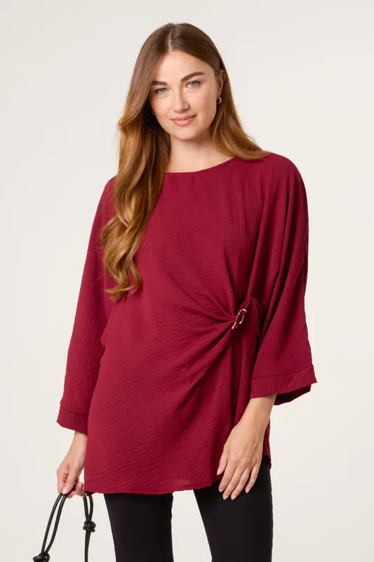 Wine Detail Side Gathered Blouse - Blue Vanilla