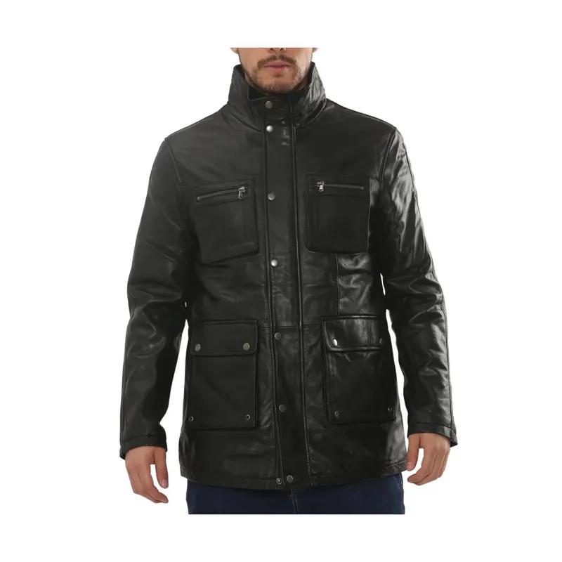 Leather Field Jacket Lambskin Multi Pocket Utility Coat - TruClothing
