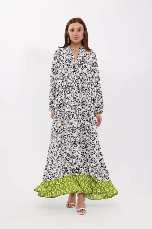 Abstract Tunic Maxi Dress with Balloon Sleeves - Hiccup