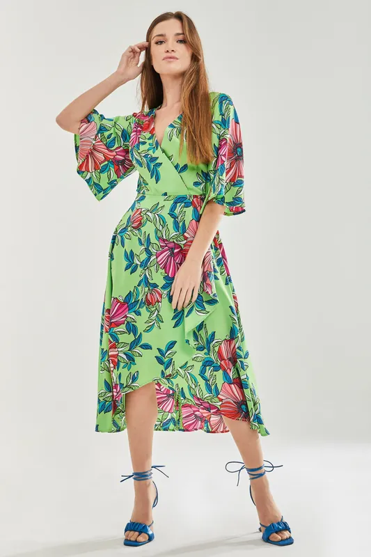 Green Floral Midi Wrap Dress - Liquorish