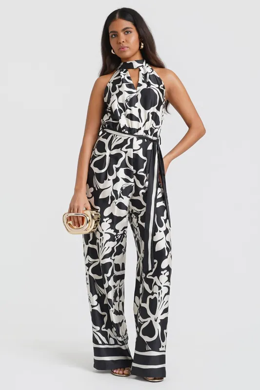 Black Floral Satin Halterneck Jumpsuit - Needs No Label