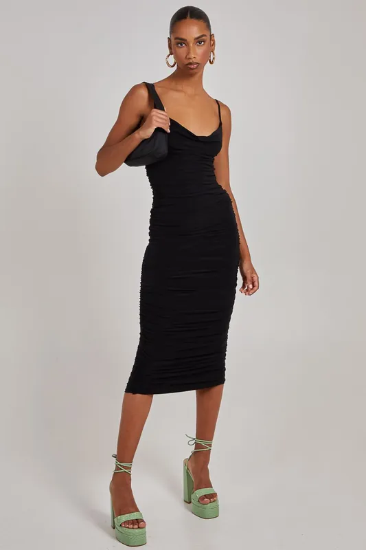 Cowl Neck Gathered Midi Dress - Pink Vanilla