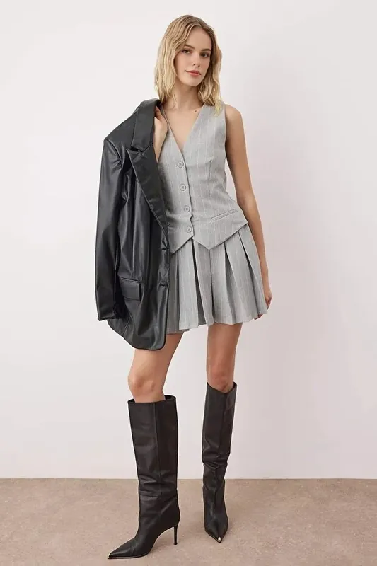 Tailored Button Front Mini Woven Dress with Pleated Skirt - WOVCOR