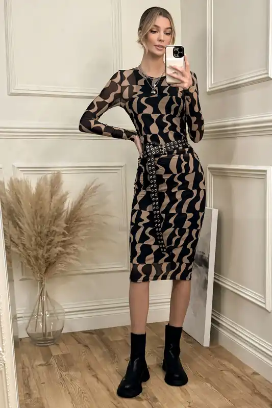 Print Long Sleeve Mesh Bodycon Dress - Jolie Moi