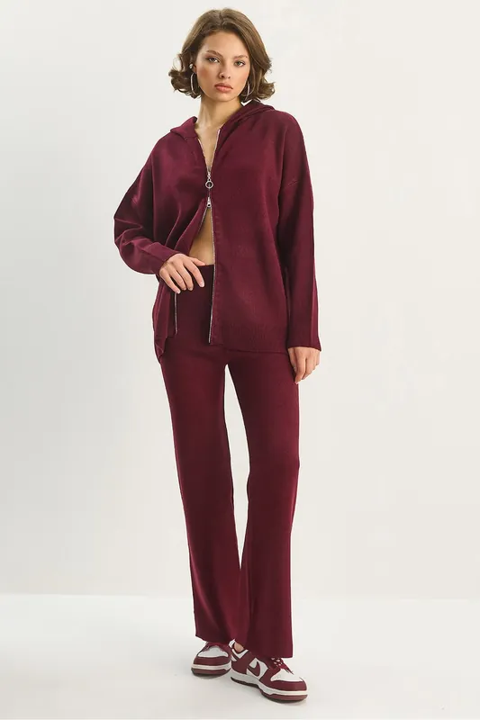 High Waist Zipper Collar Cardigan and Pants Set - Bianco Lucci
