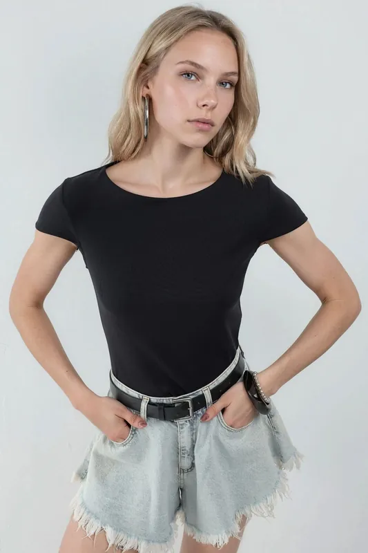 Crew Neck Short Sleeve Cotton Blend Blouse - Busem