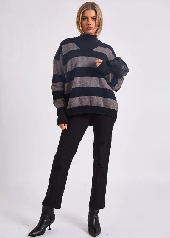 Grey Wide Stripe Oversized Jumper - Gini London