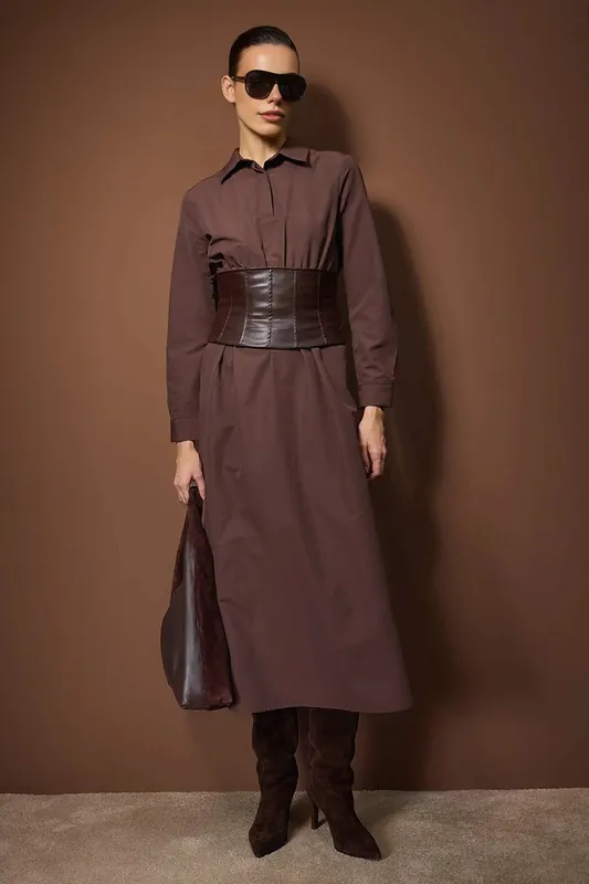 Woven Midi Dress with Corset Belt Detail - WOVCOR