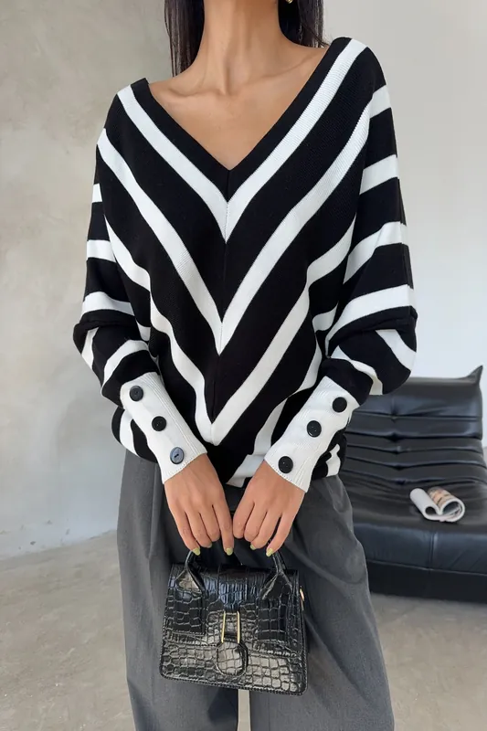 Off-Shoulder Striped Knit Sweater with Button Details