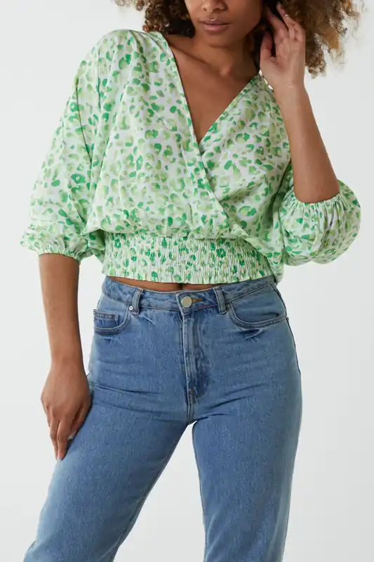 Elasticated Sleeve Wrap Front Elastic Hem Top - Blue Vanilla