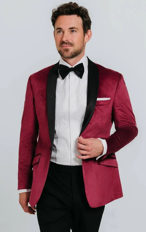 Burgundy Slim Fit Contrast Shawl Lapel Velvet Jacket - Dobell