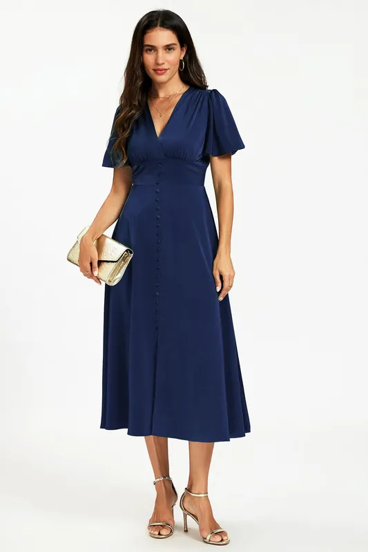 V neckline Button Detail Satin Midi Dress - FS Collection