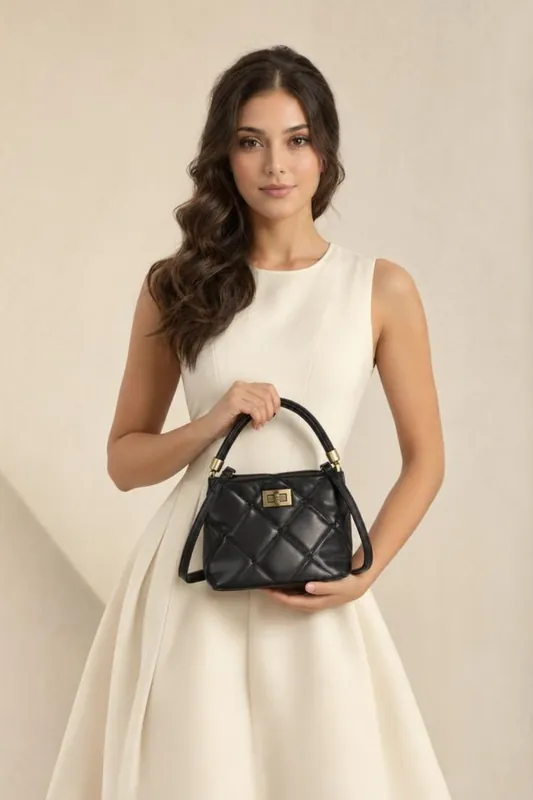 Quilted Top-Handle Crossbody Mini Handbag - Black