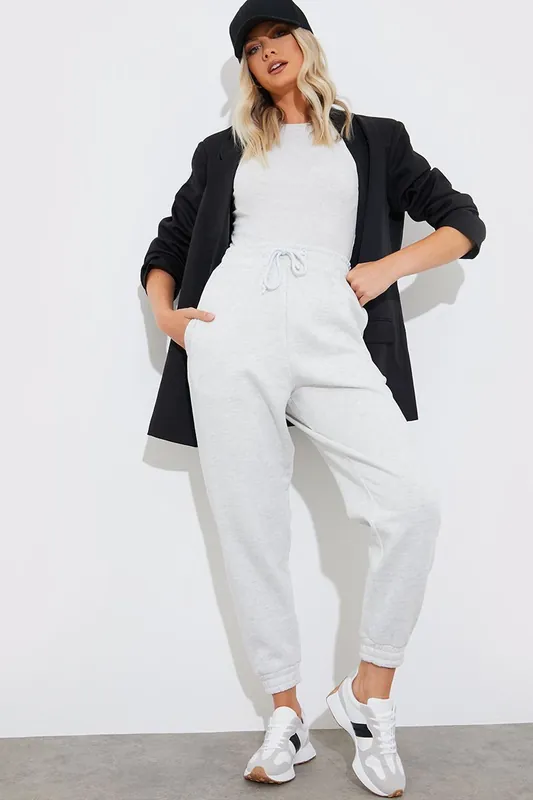 Grey Petite Fleeceback Cuff Oversized Joggers - In The Style