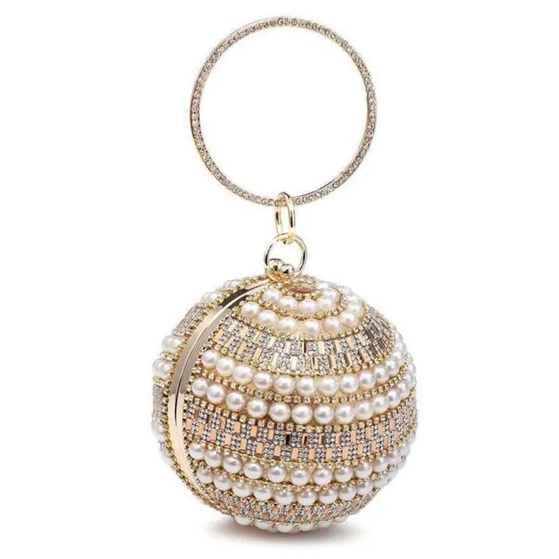Ball Shape Pearl Beaded Clutch Handbag With Round Diamanti Handle - Kitise