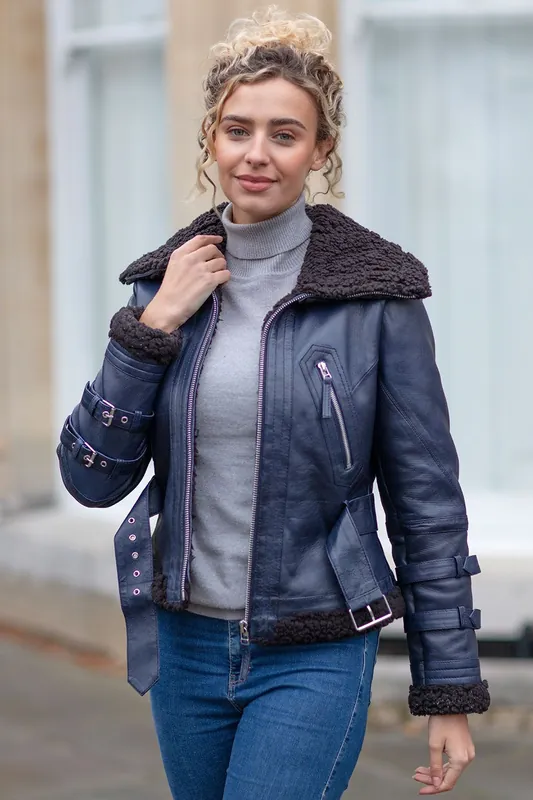 2420' Ladies Leather Aviator Jacket With Oversized Fur Collar - Ashwood Leather