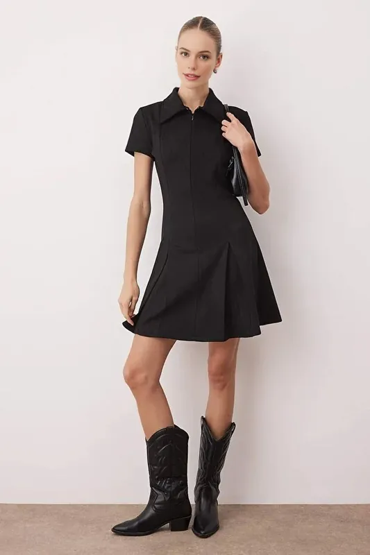 Polo Collar Zip Front A-Line Knit Dress